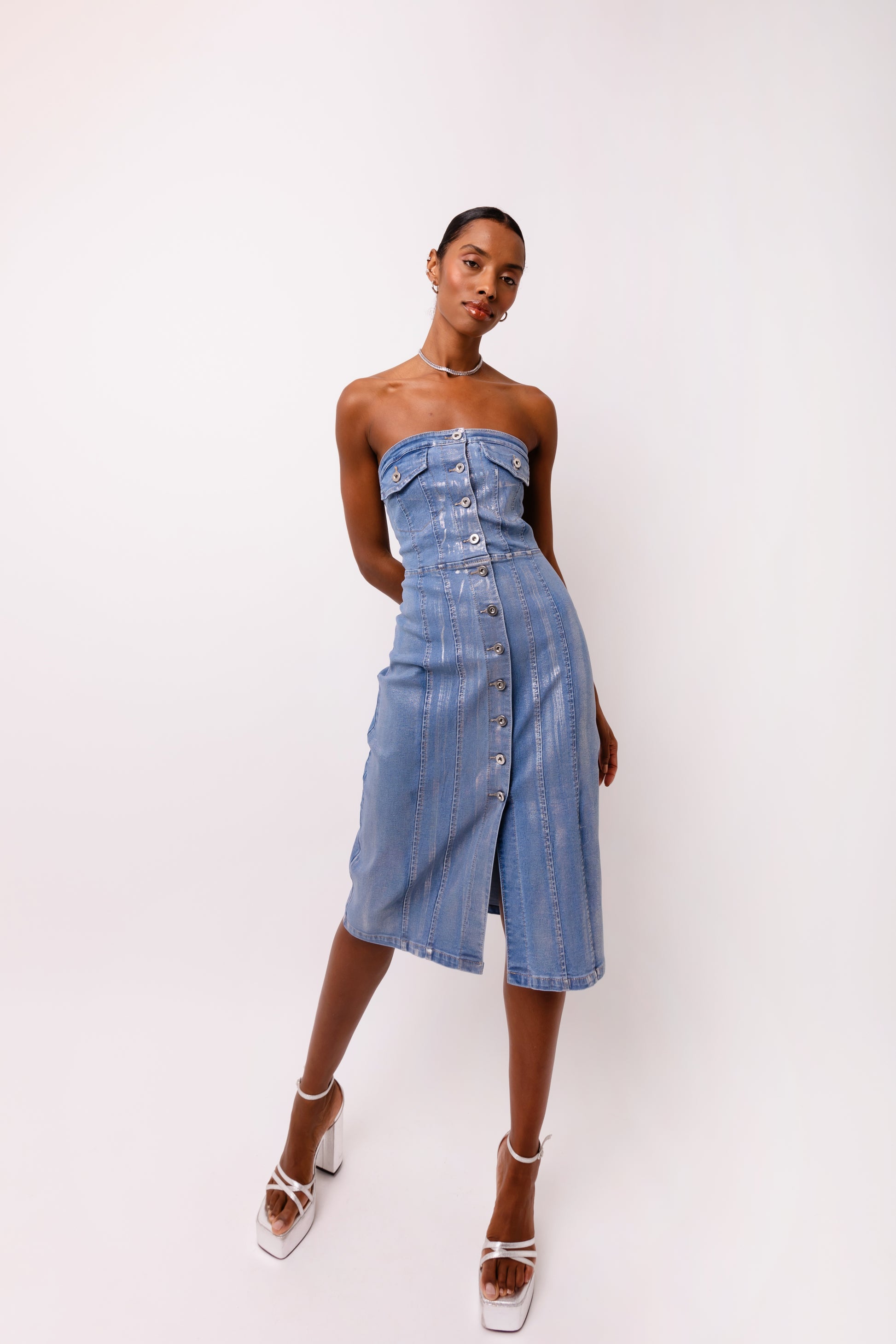 Sadie Stretch Metallic Light Denim Midi Dress-ALCM0007 Sadie Stretch Metallic Light Denim Midi Dress-ALCM0007