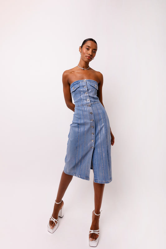 Sadie Stretch Metallic Light Denim Midi Dress-ALCM0007