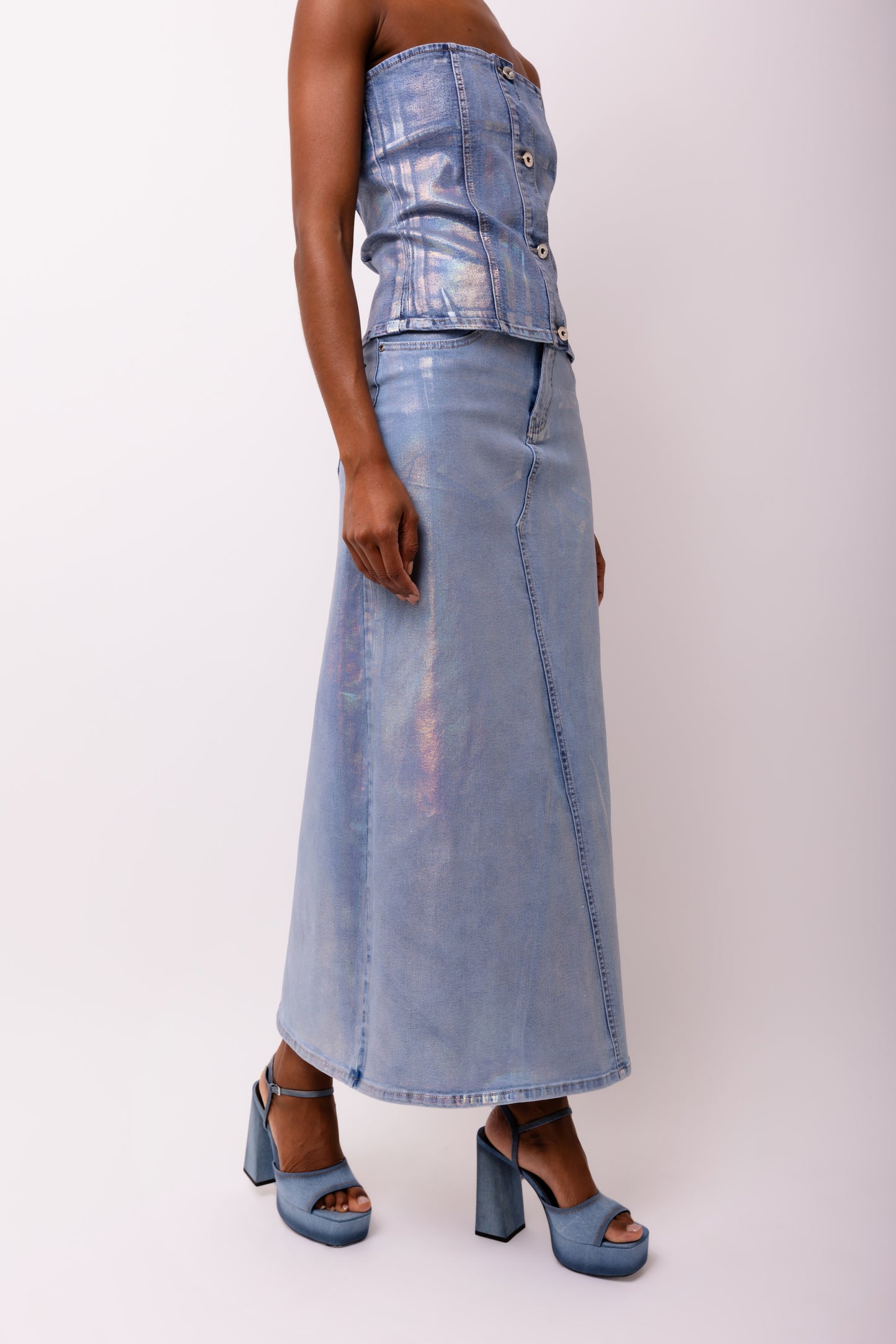 Mimi Metallic Light Denim Cut Out Maxi Skirt-ALCM0005