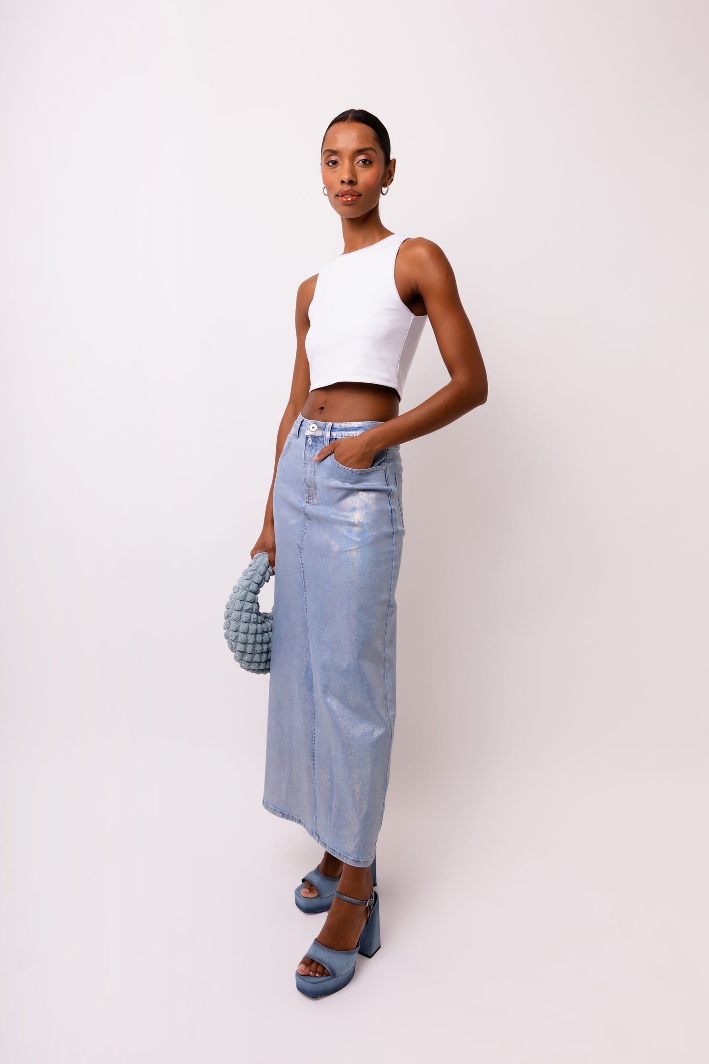 Mimi Metallic Light Denim Cut Out Maxi Skirt-ALCM0005