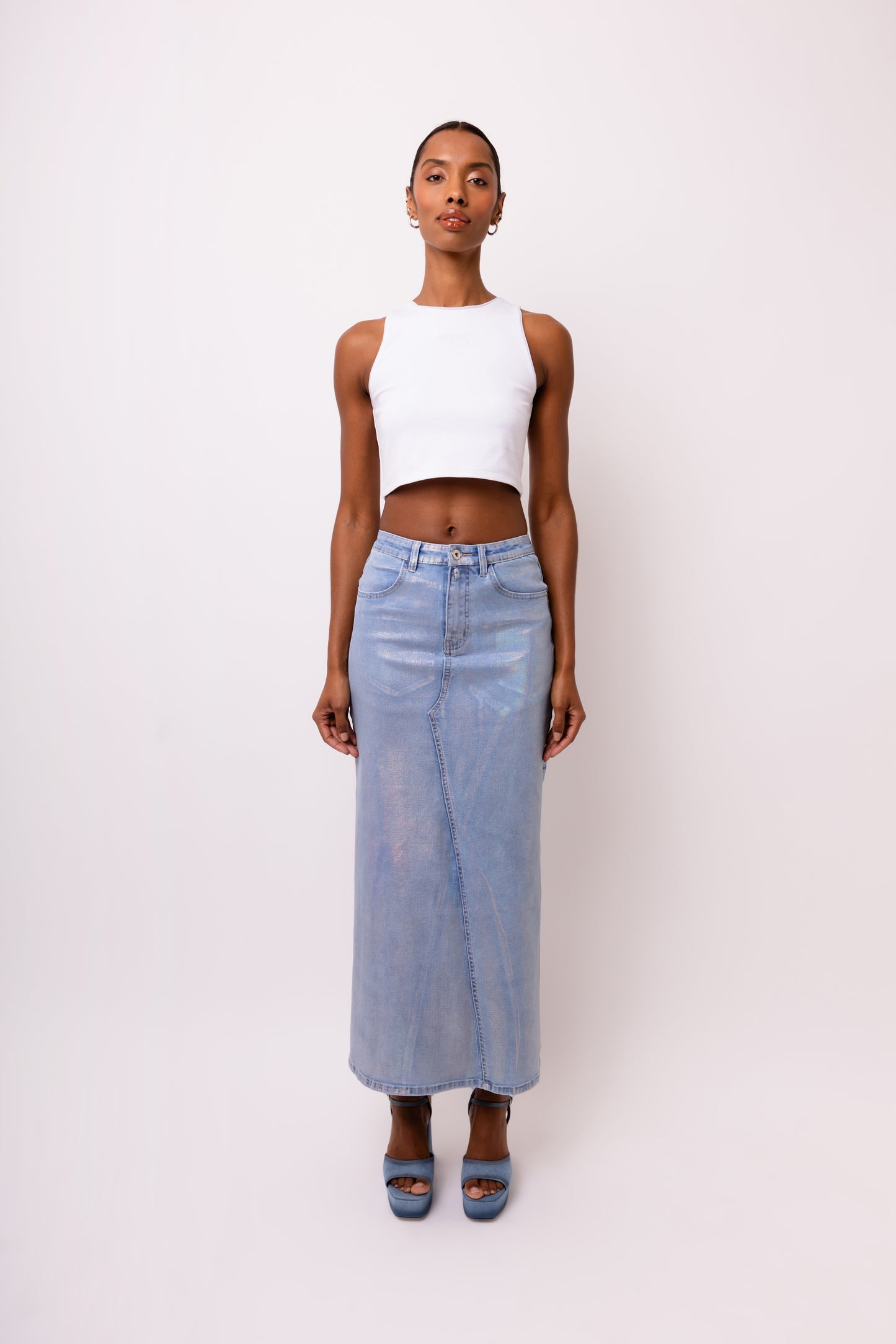 Mimi Metallic Light Denim Cut Out Maxi Skirt-ALCM0005