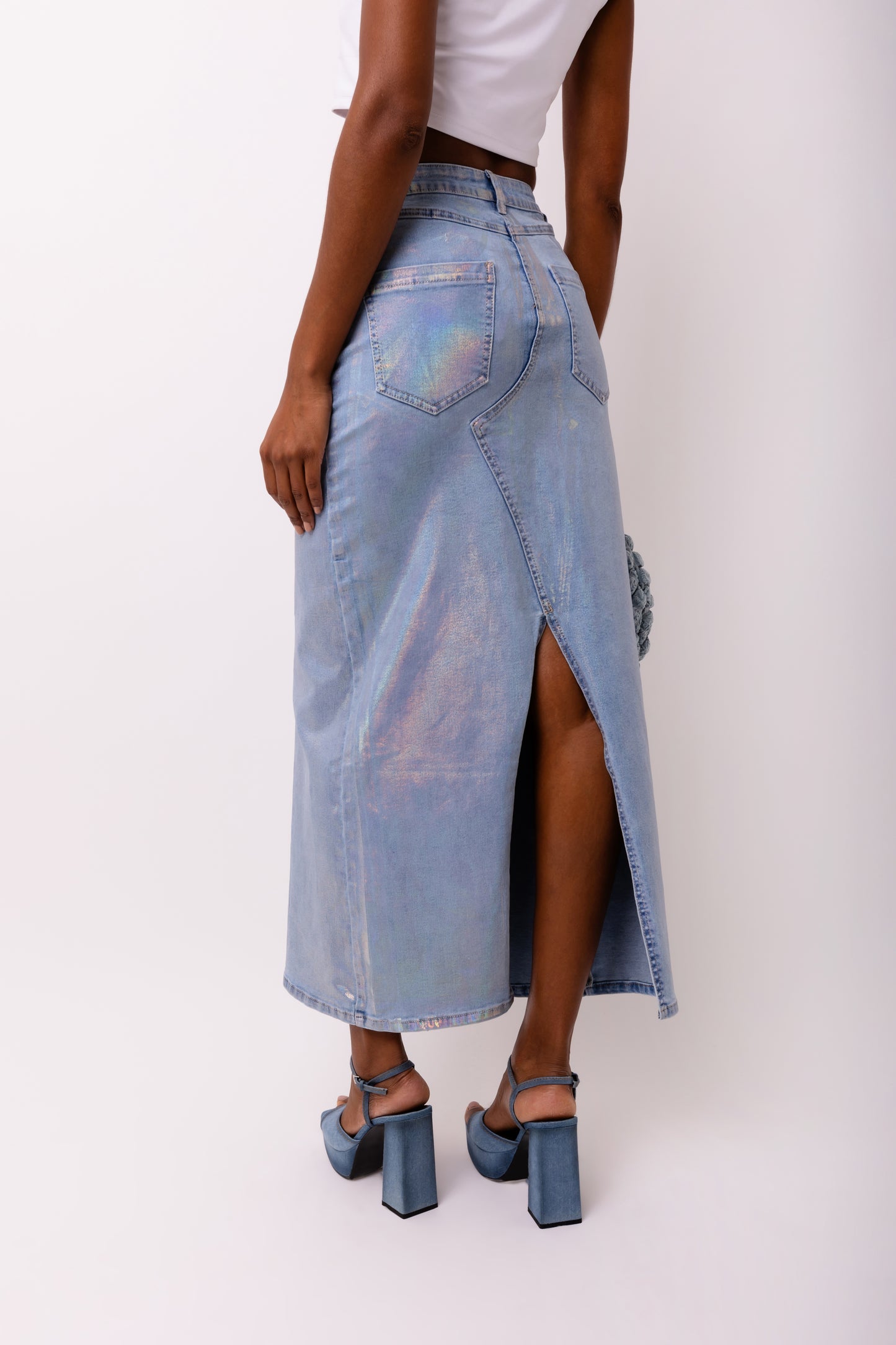 Mimi Metallic Light Denim Cut Out Maxi Skirt-ALCM0005