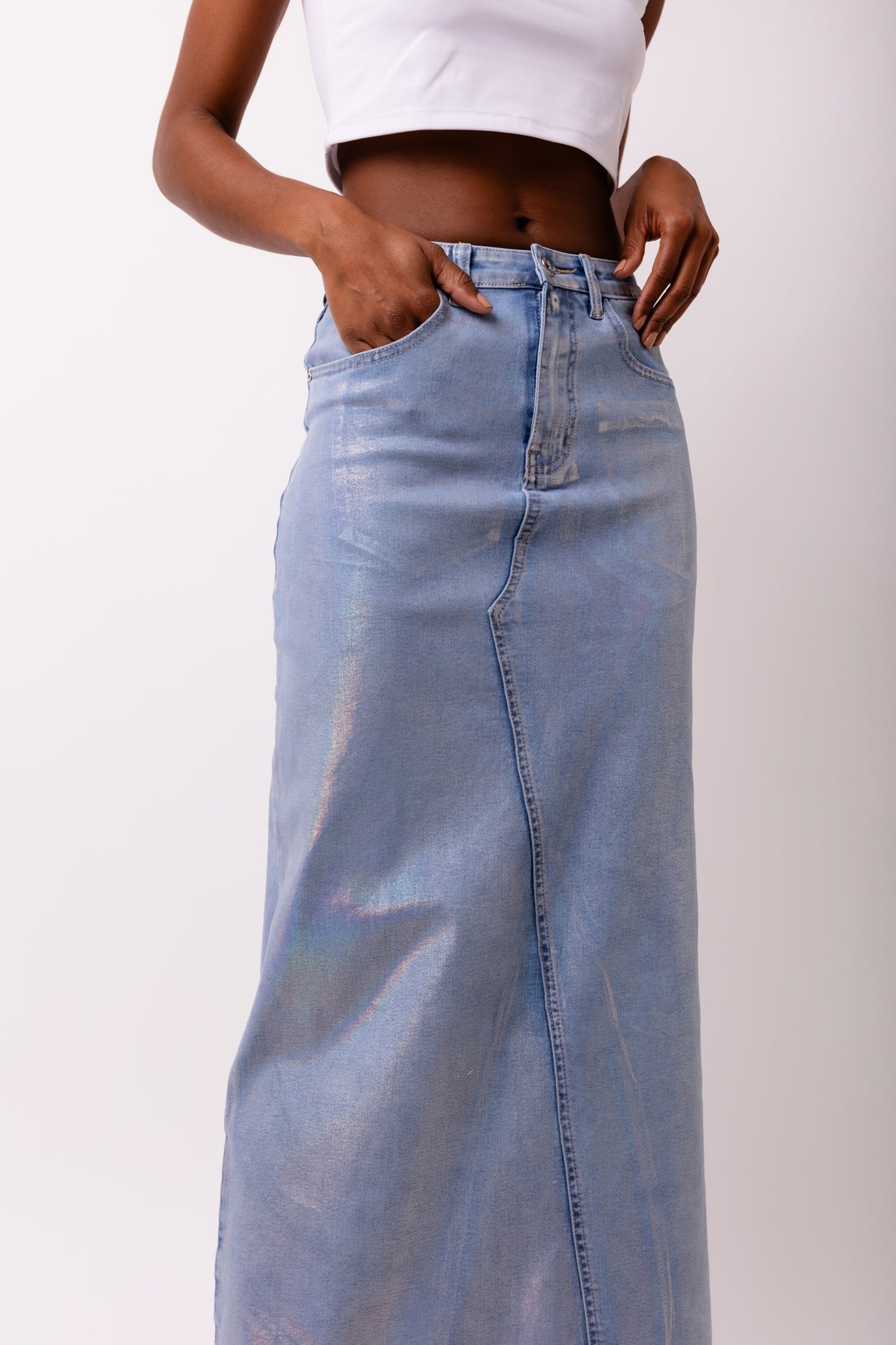 Mimi Metallic Light Denim Cut Out Maxi Skirt-ALCM0005