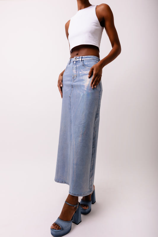 Mimi Metallic Light Denim Cut Out Maxi Skirt-ALCM0005