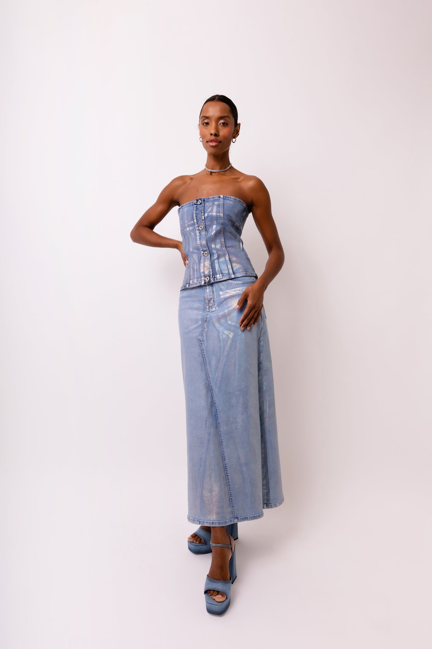 Mimi Metallic Light Denim Cut Out Maxi Skirt-ALCM0005