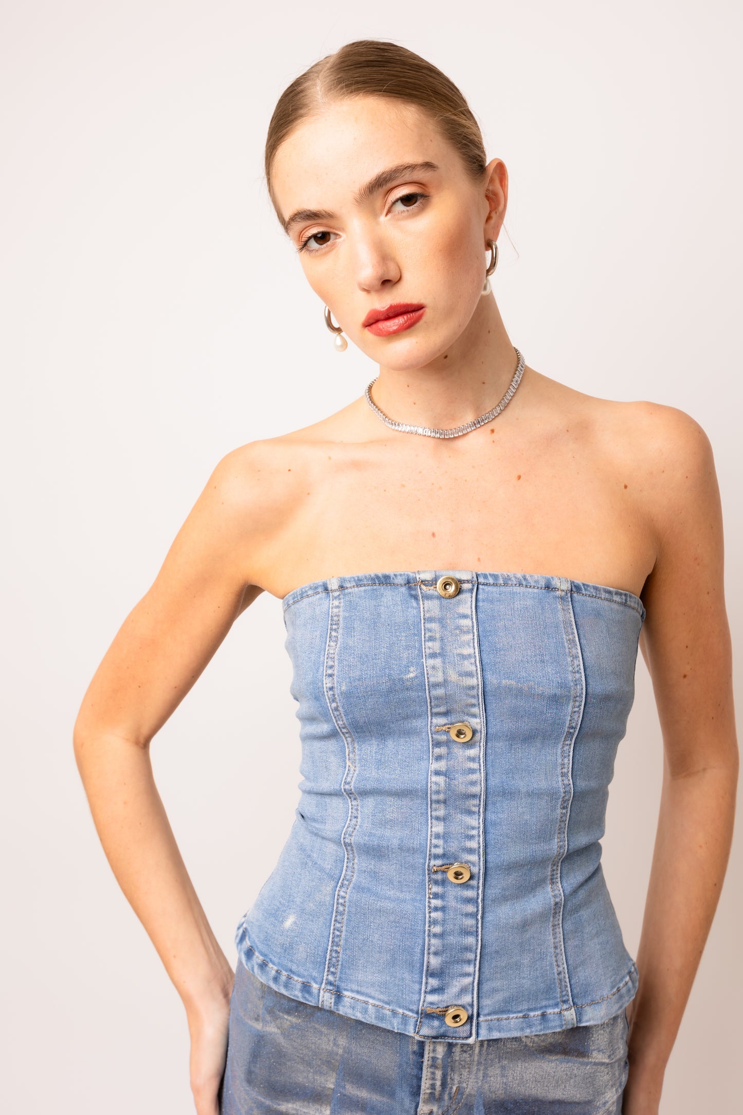 Mimi Stretch Metallic Light Denim Bandeau Top-ALCM0006