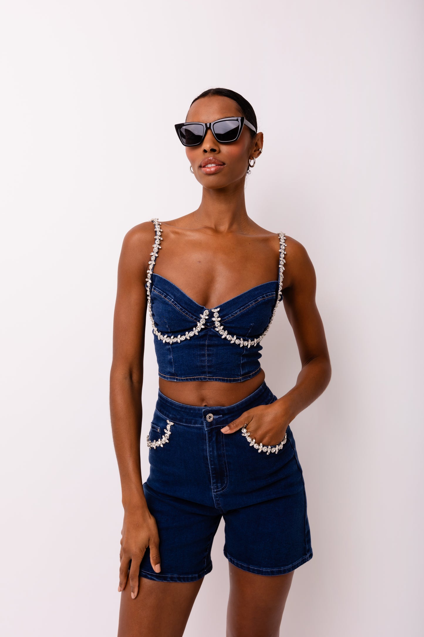 Raye Diamante Stretch Denim Top-ALJH0269