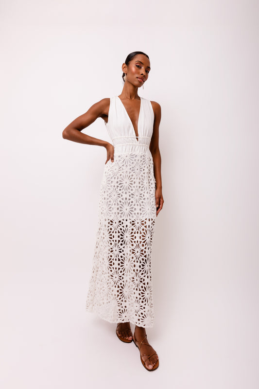 Lin Crochet Lace Cut Out Detail Halter Maxi Dress-ALJH0285