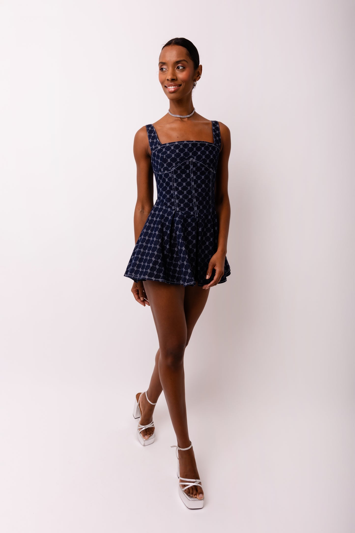 Remi Diamond Denim Skater Mini Dress-ALJH0289