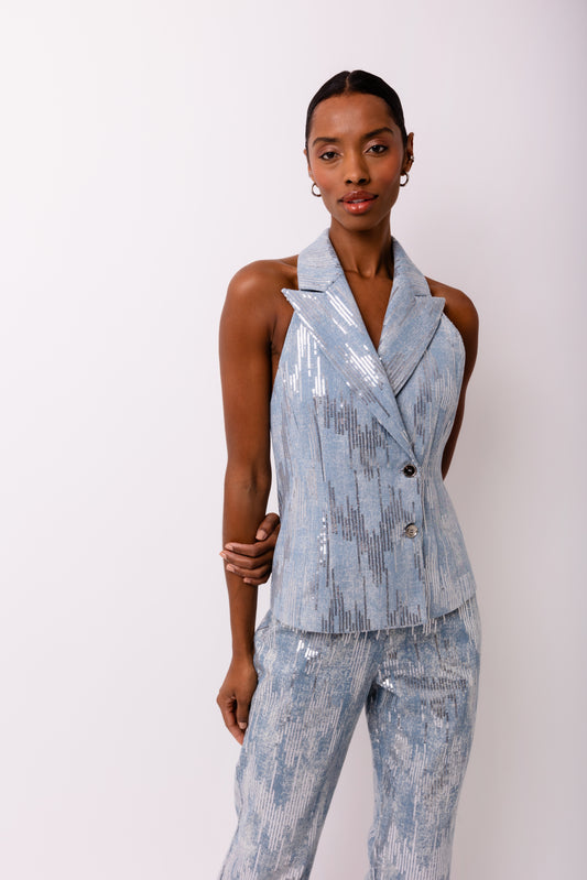 Teddie Sequin Embellished Denim Waistcoat-ALJH0290