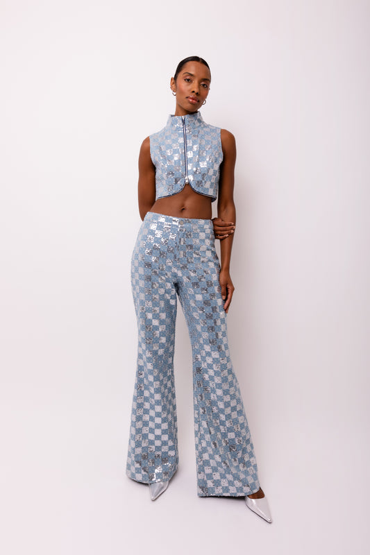Paloma Sequin Checked Wide Leg High Rise Pants-ALJH0302