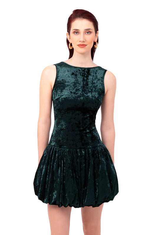 Ciara Emerald Green Velvet Puffball Mini Dress-ALLW187-6