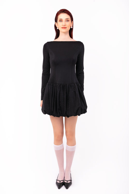 Deva Black Embellished Puffball Mini Dress-ALLW190