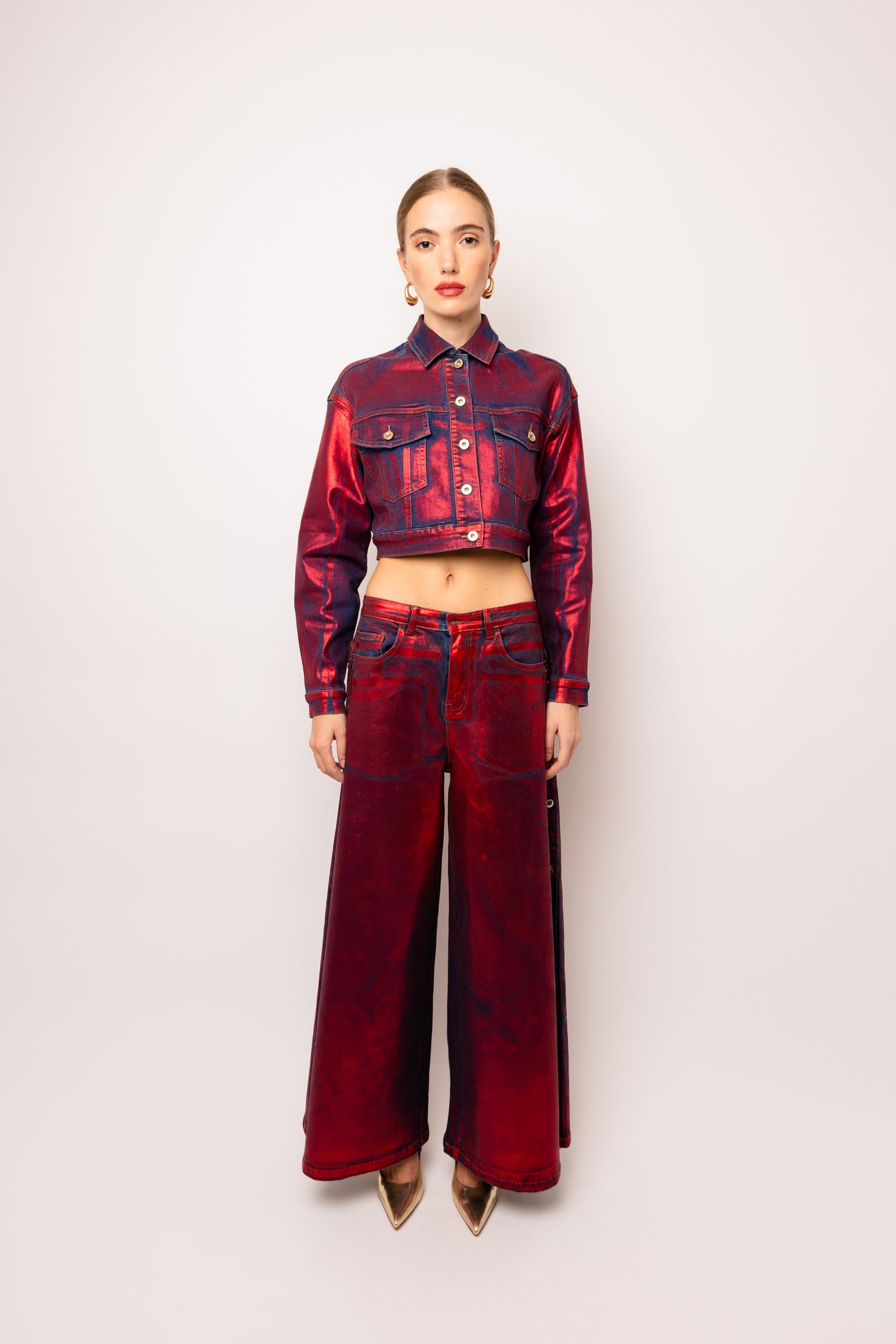 Wren Red Foil Coated Denim Pants-ALLW036