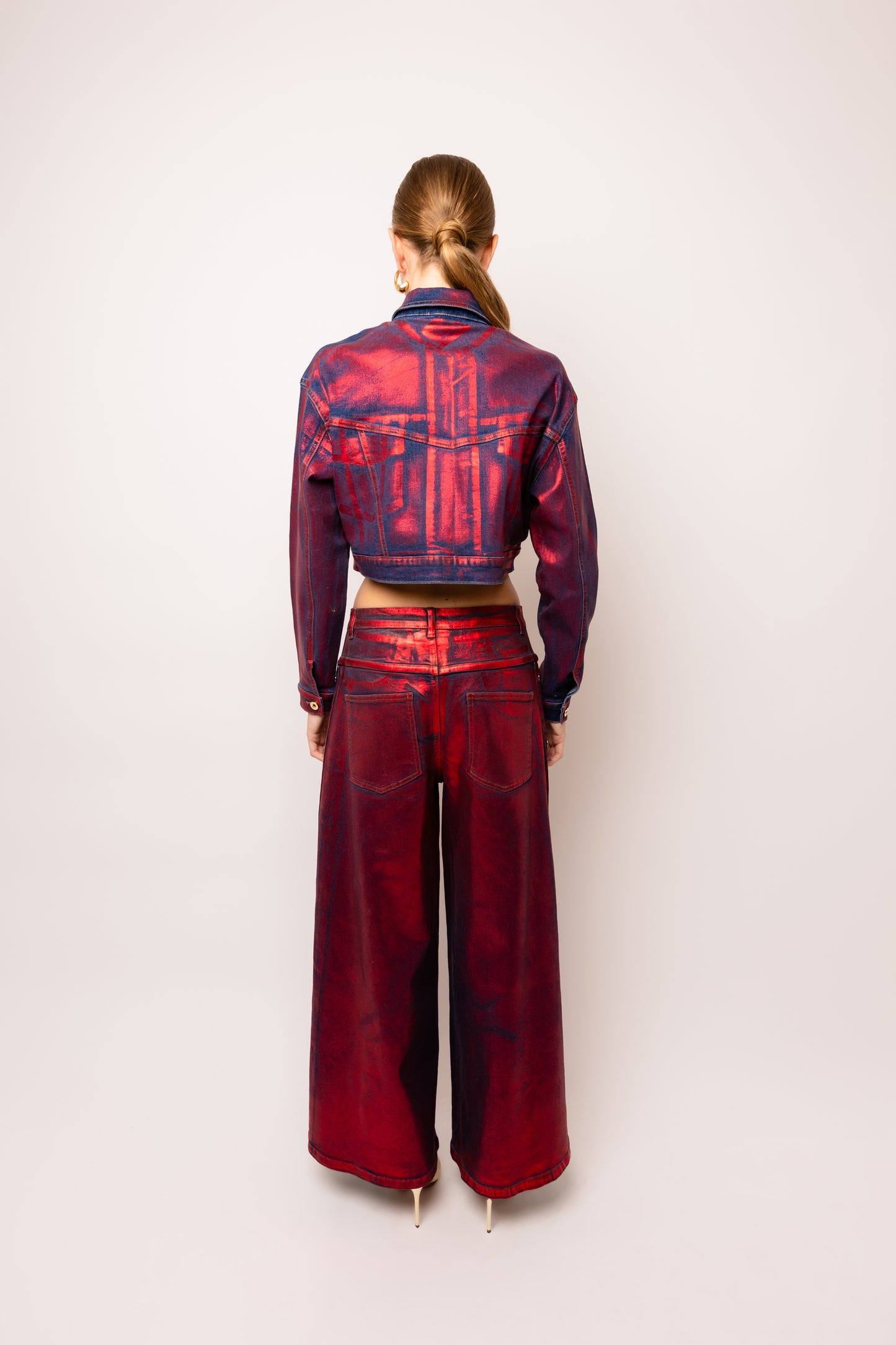 Wren Red Foil Coated Denim Pants-ALLW036