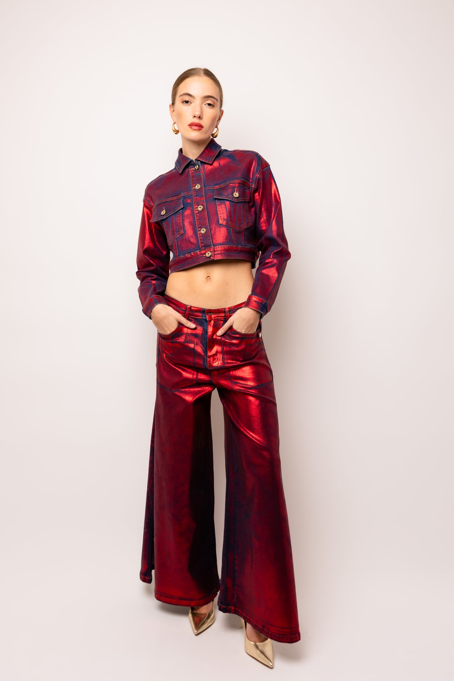 Wren Red Foil Coated Denim Pants-ALLW036