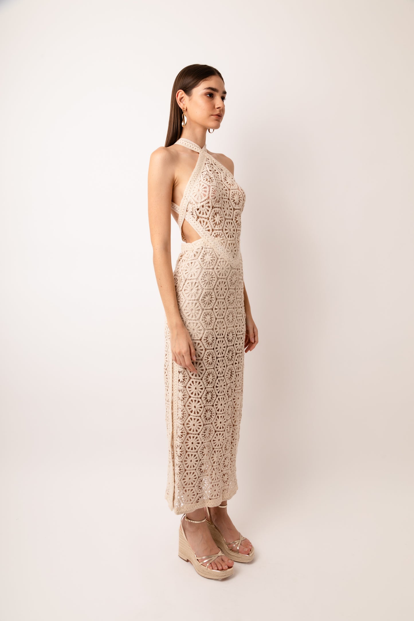 Tuscany Crochet Lace Cut Out Halter Maxi Dress-ALKL0235