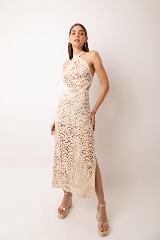 Tuscany Crochet Lace Cut Out Halter Maxi Dress-ALKL0235