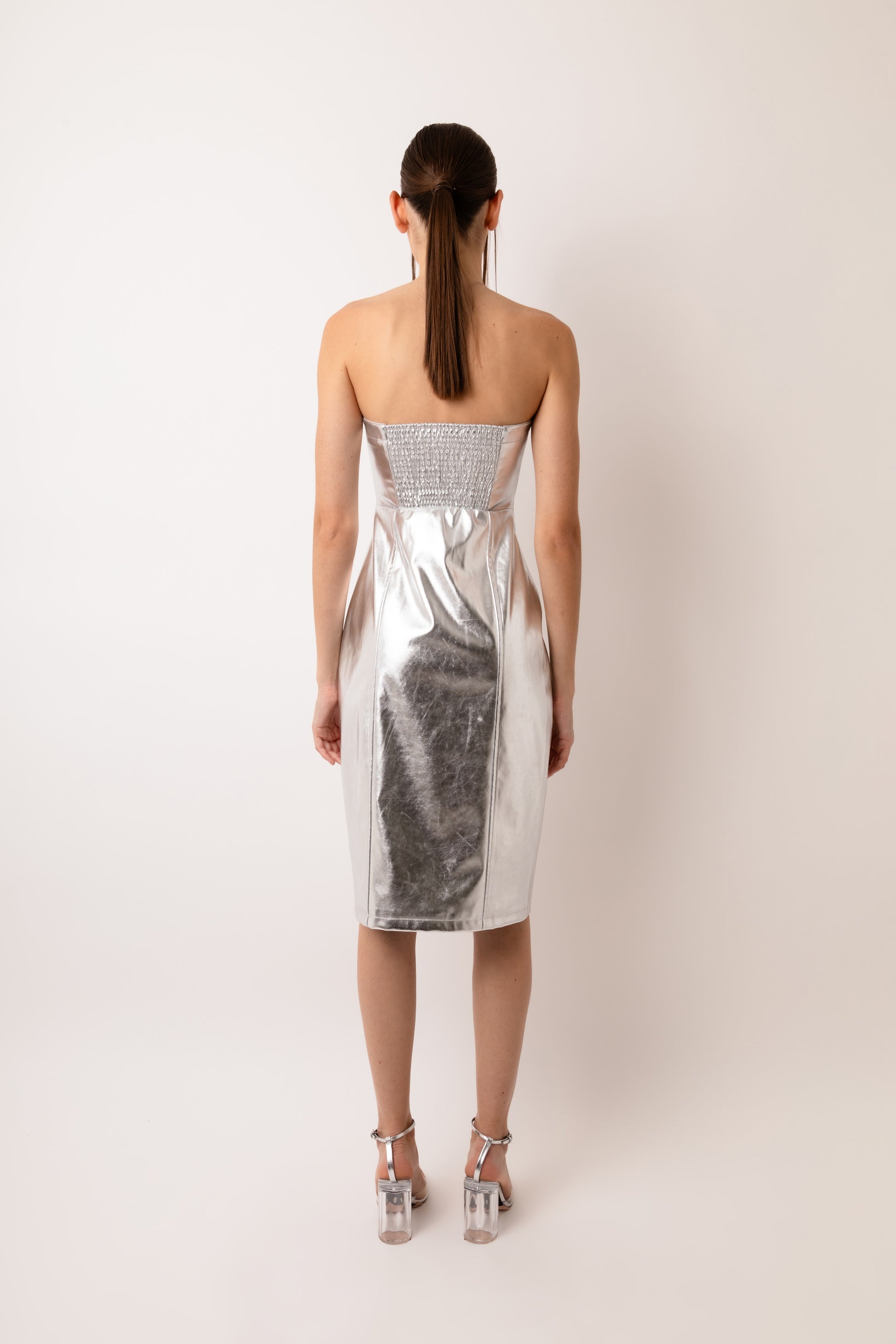 metallic bandeau dress Simmi metallic bandeau ruched bodycon midi dress in silver