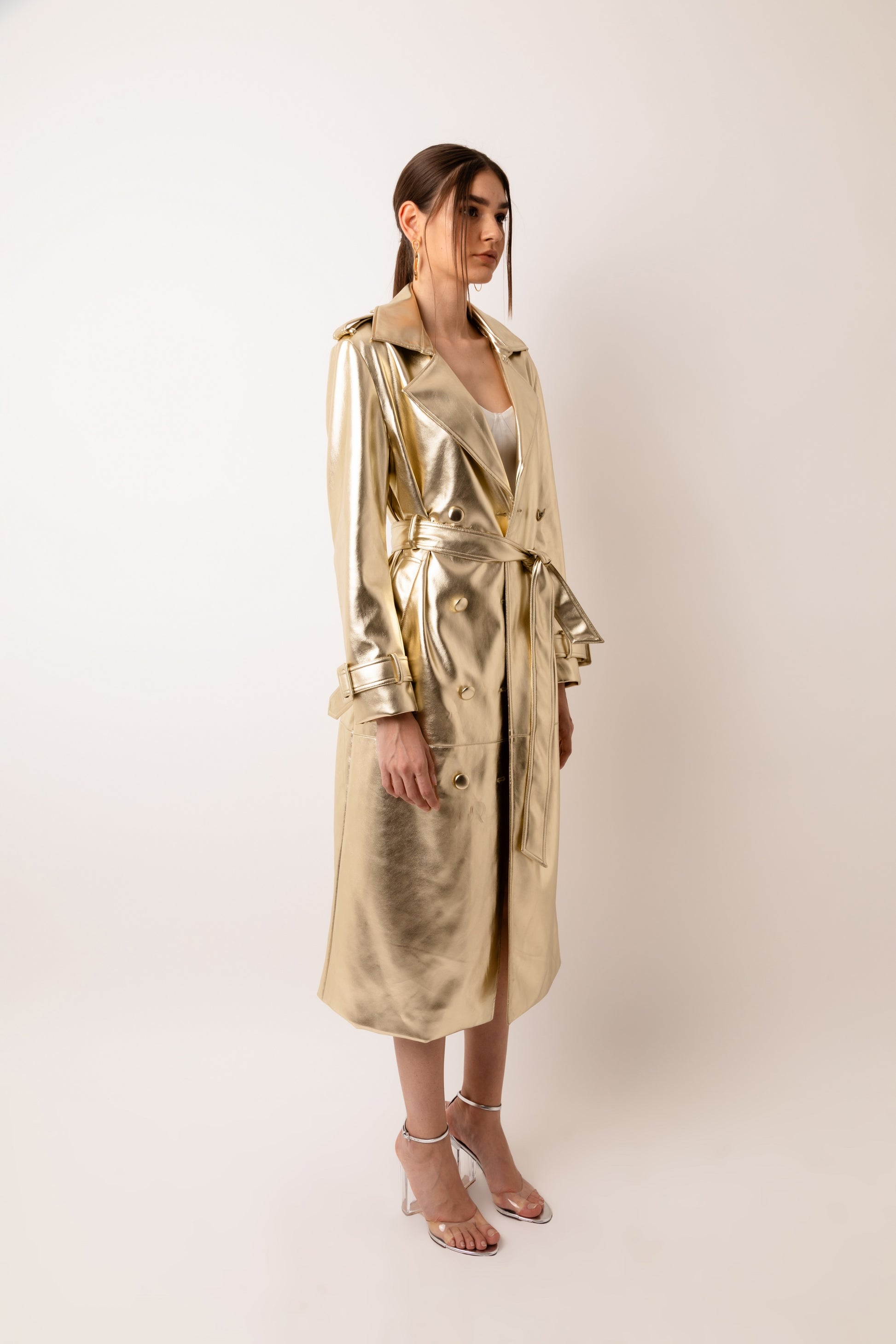 Lupe Faux Leather Gold Trench Coat-ALJH0216 Amylynn USA Lupe Faux Leather Gold Trench Coat-ALJH0216 Amylynn USA