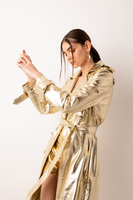 Lupe Faux Leather Gold Trench Coat-ALJH0216
