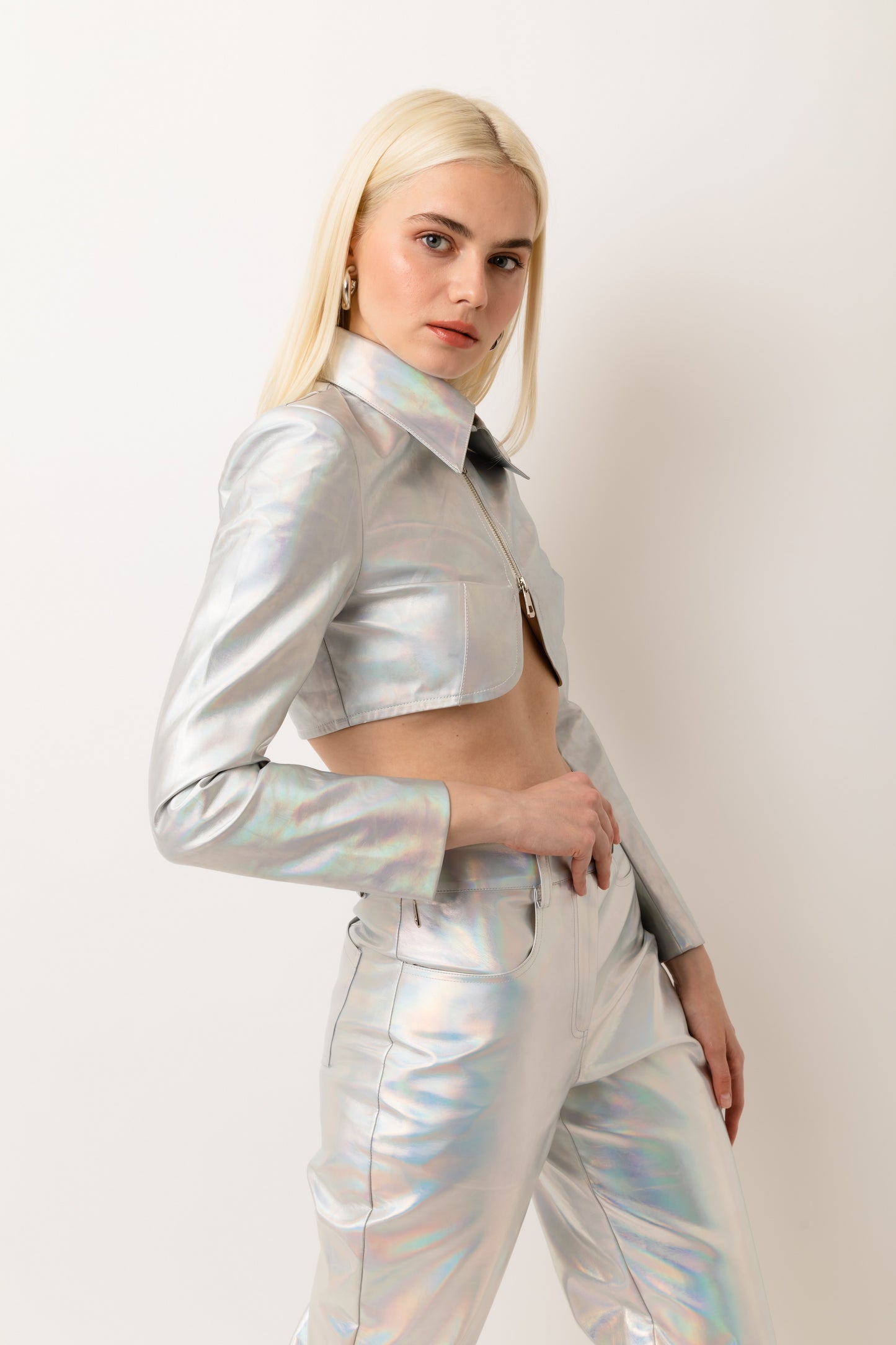 SPACE NEON Faux Leather High Collar Cropped Jacket-ALJH0174-1