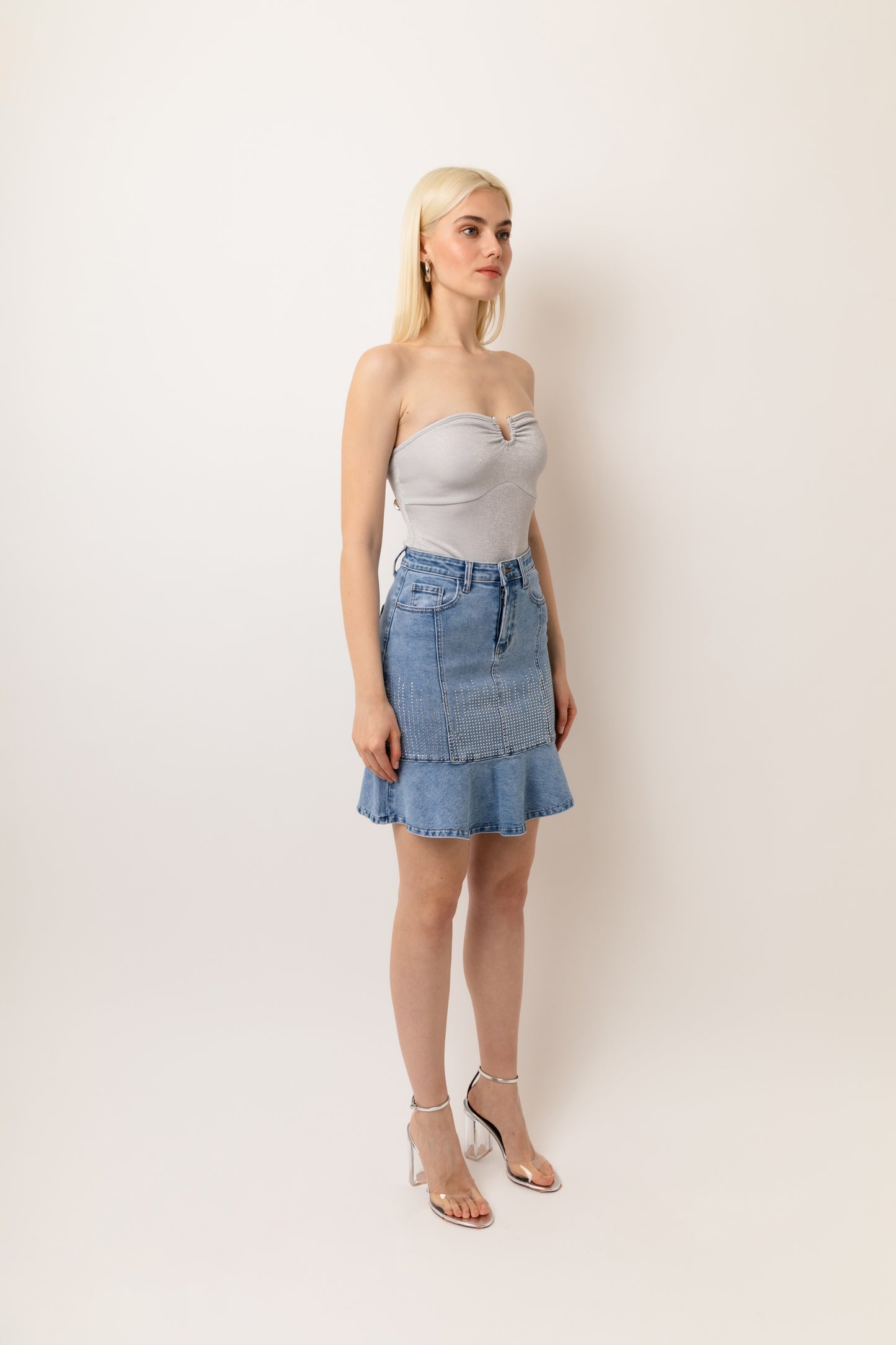 Cerys Stretch Denim Peplum Mini Skirt-YH317