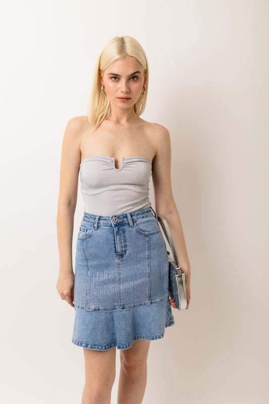 Cerys Stretch Denim Peplum Mini Skirt-YH317