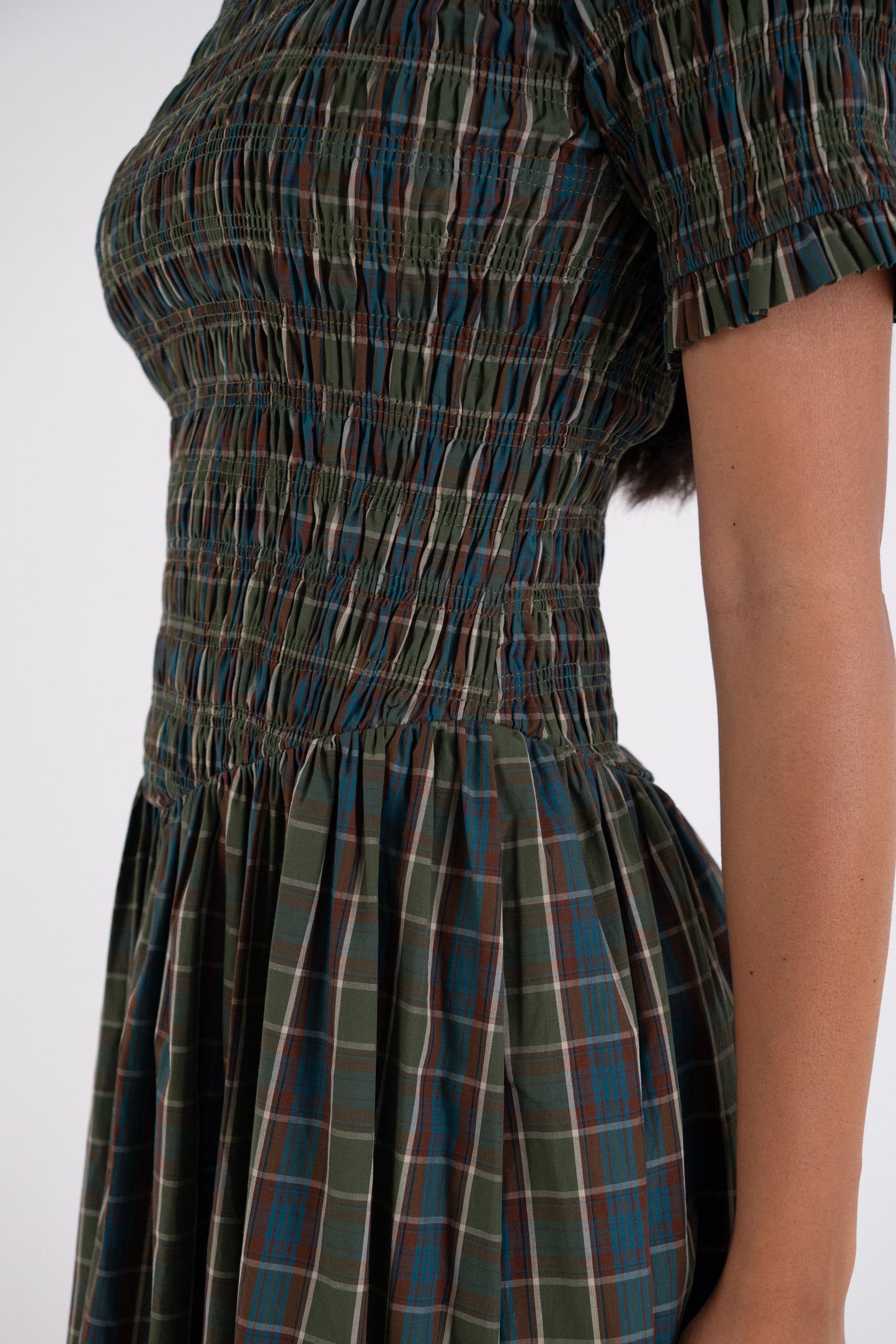 Beatrix Pure Cotton Smocked Green Plaid Midi Dress-ALCM301-1