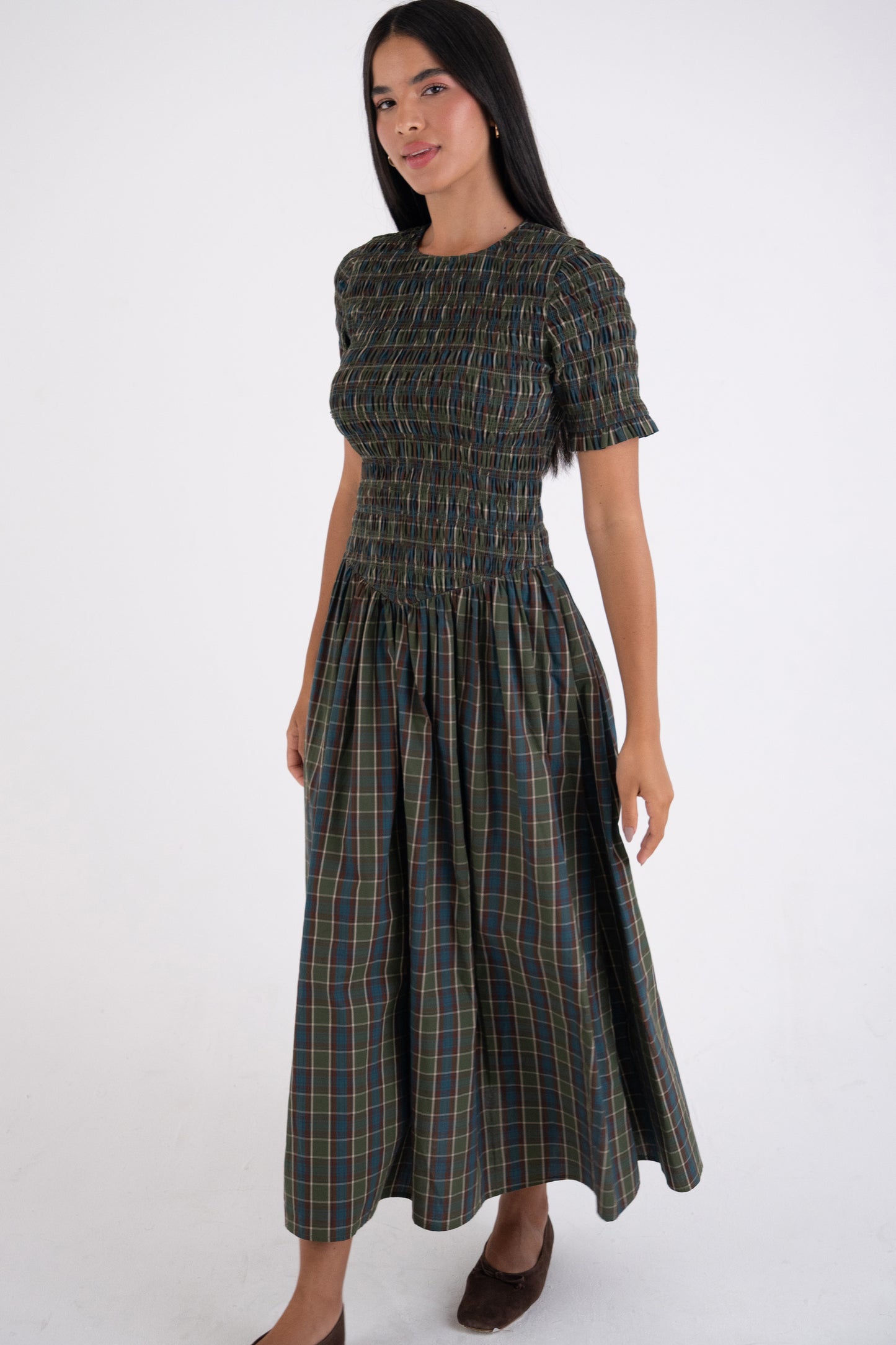 Beatrix Pure Cotton Smocked Green Plaid Midi Dress-ALCM301-1