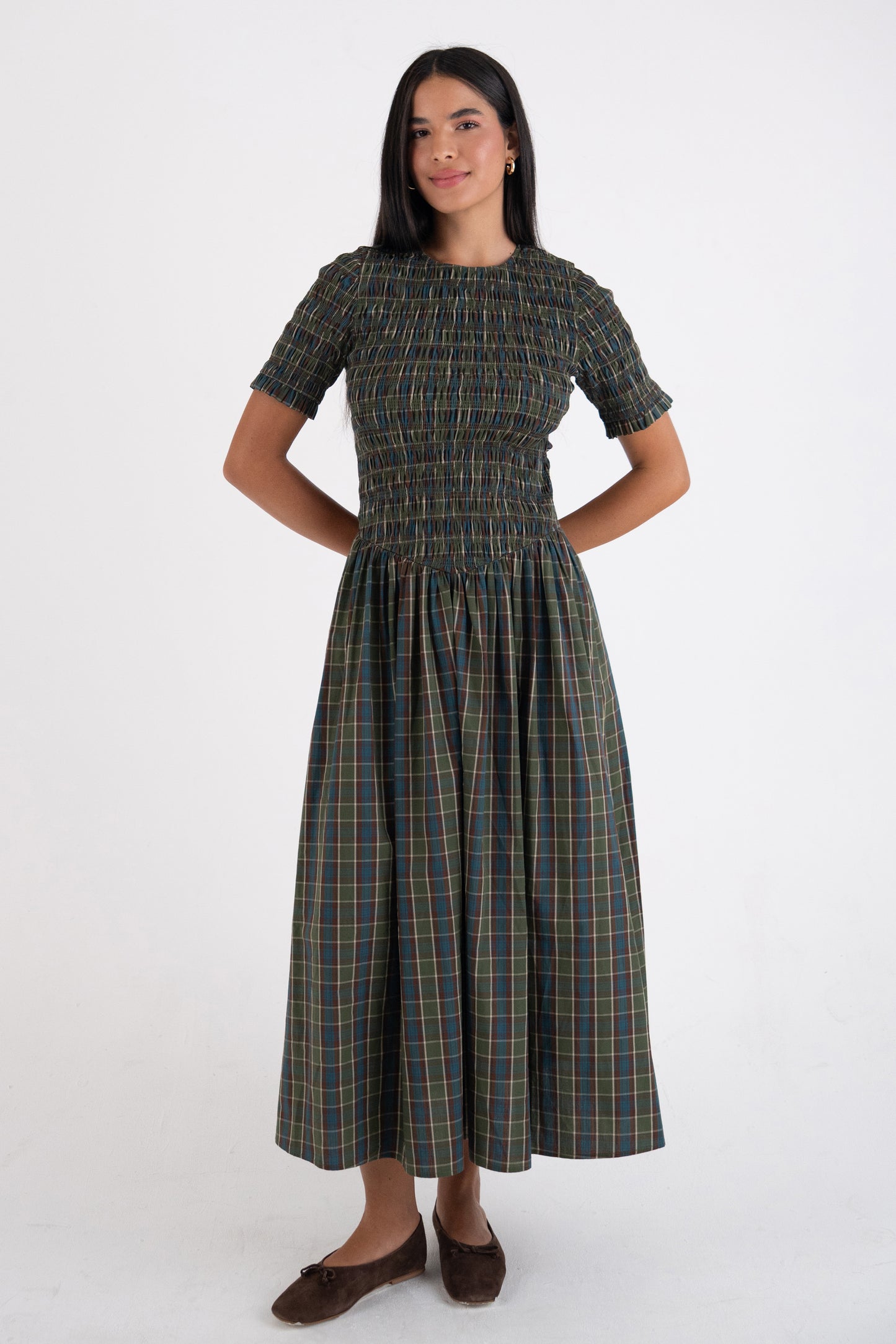 Beatrix Pure Cotton Smocked Green Plaid Midi Dress-ALCM301-1