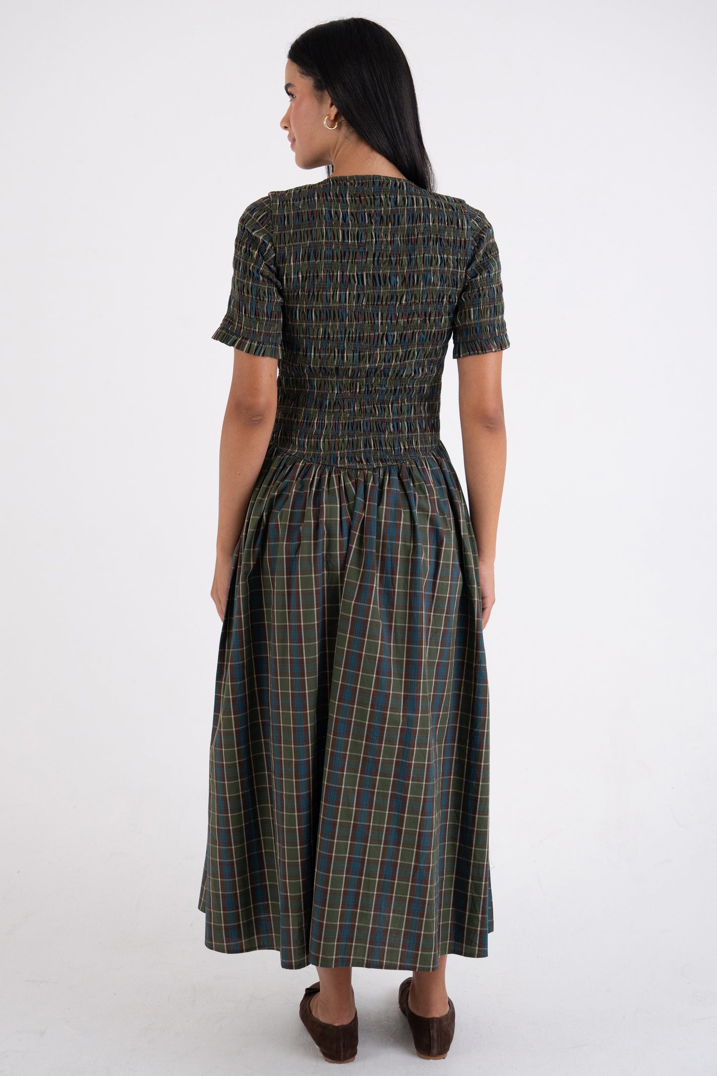 Beatrix Pure Cotton Smocked Green Plaid Midi Dress-ALCM301-1