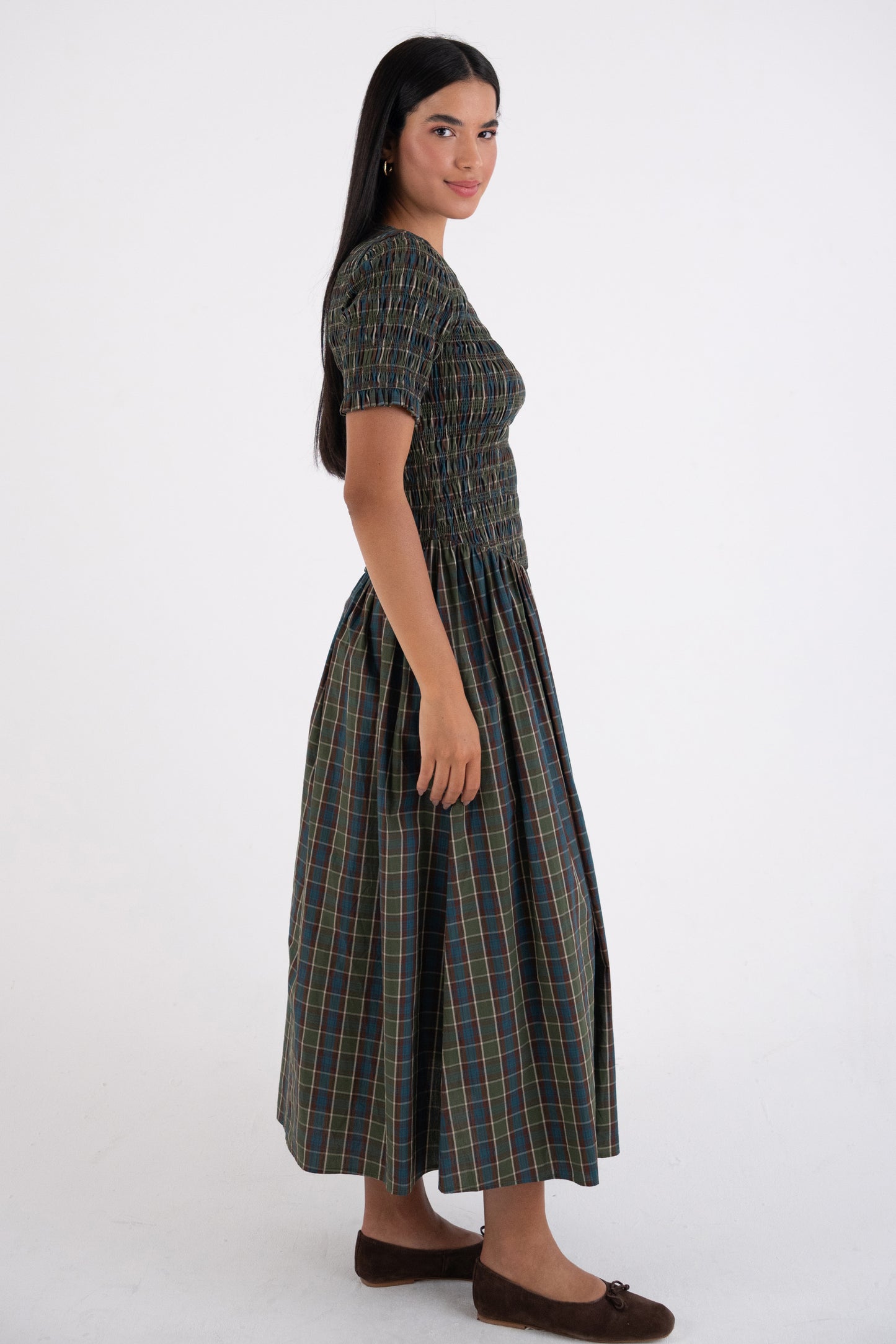 Beatrix Pure Cotton Smocked Green Plaid Midi Dress-ALCM301-1