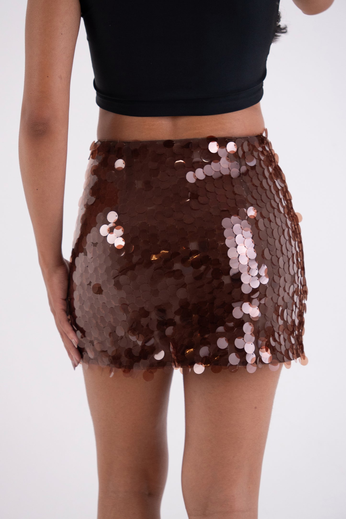 Oceane Brown Disc Sequin Mini Skirt-ALLW093-15