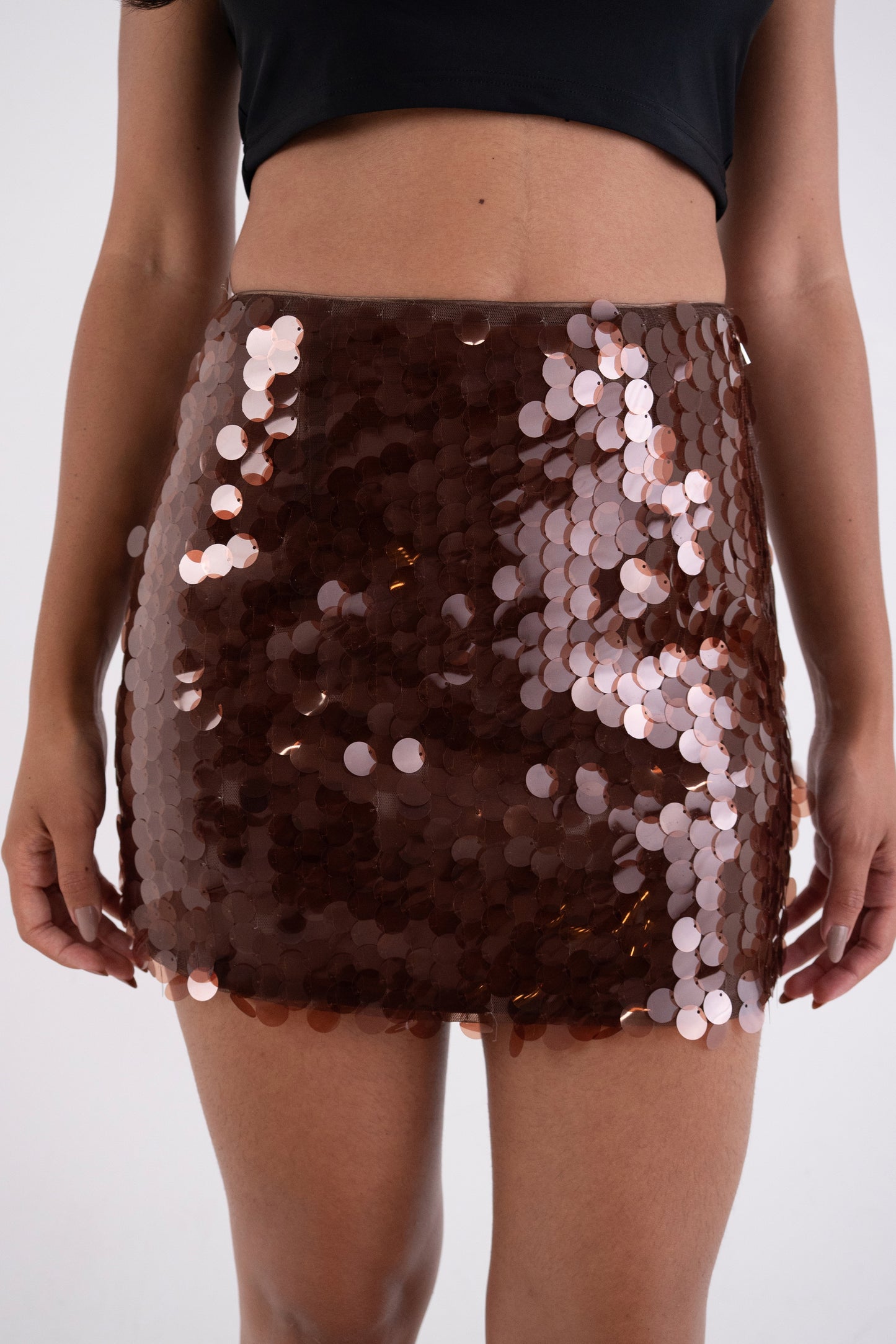 Oceane Brown Disc Sequin Mini Skirt-ALLW093-15