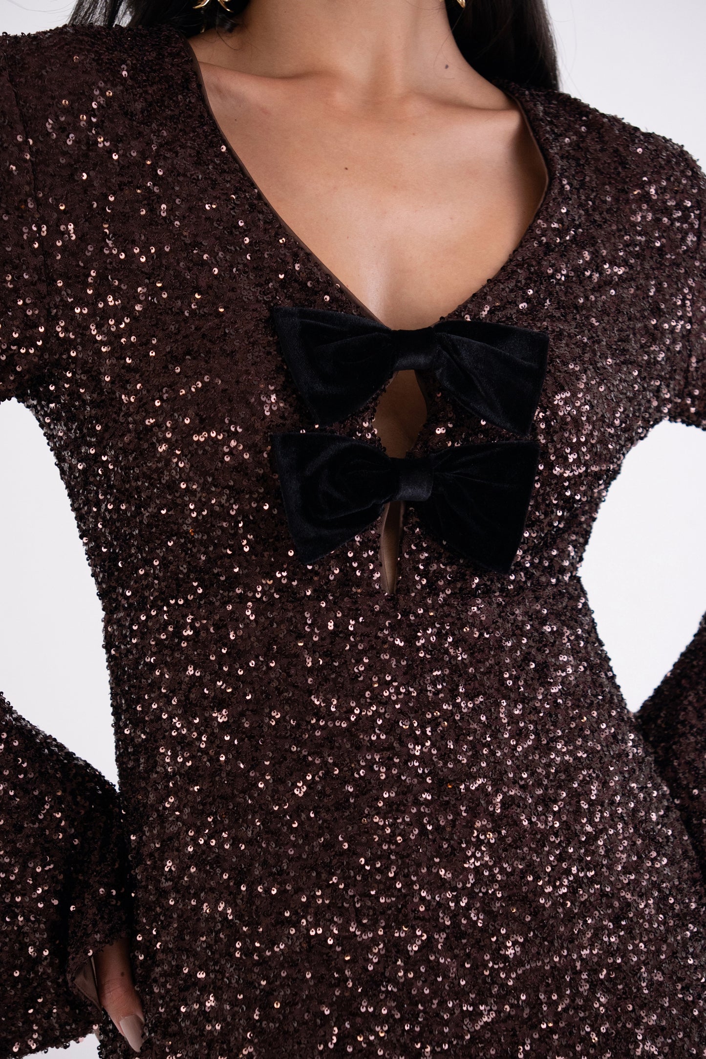 Diana Premium Brown Sequin Dress with Bow Tie-ALLW463