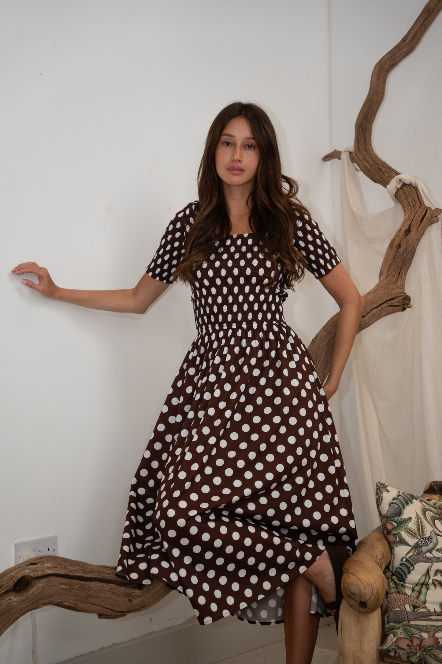 Matilda Pure Cotton Brown Polka Dot Midi Dress-ALLW483-3