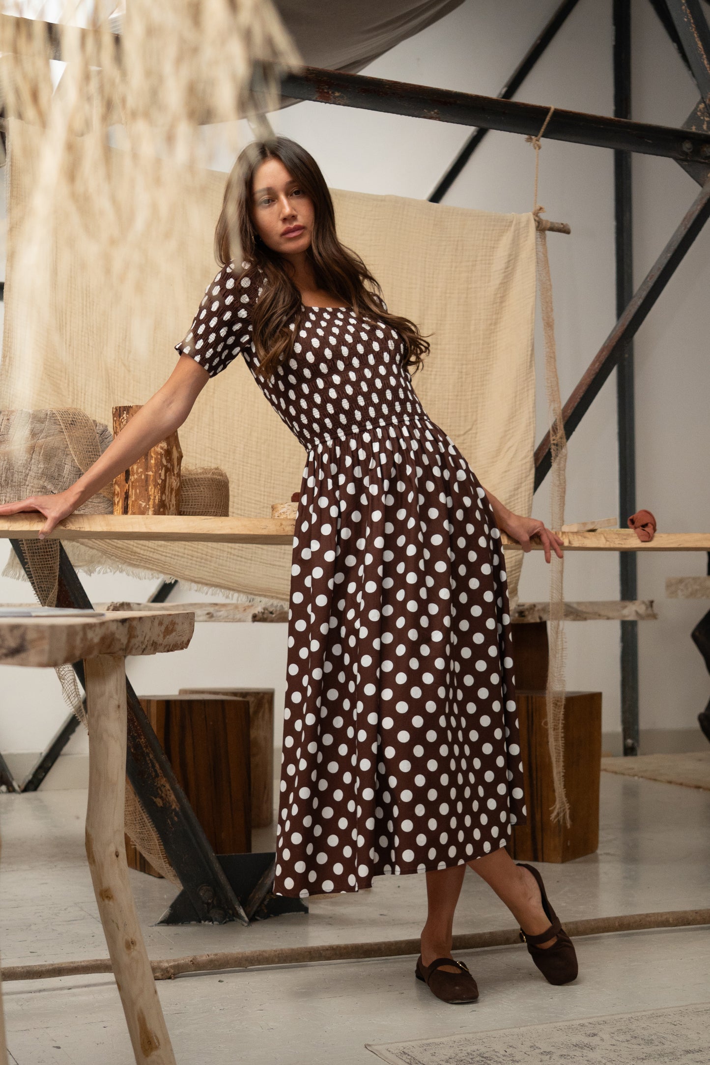 Matilda Pure Cotton Brown Polka Dot Midi Dress-ALLW483-3
