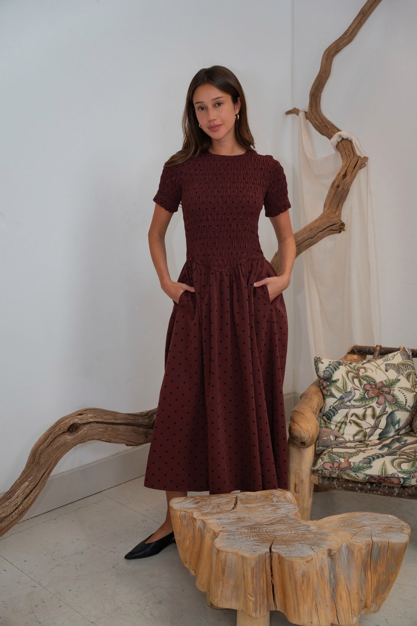 Beatrix Smocked Plum Polka Dot Midi Dress-ALCM301-6