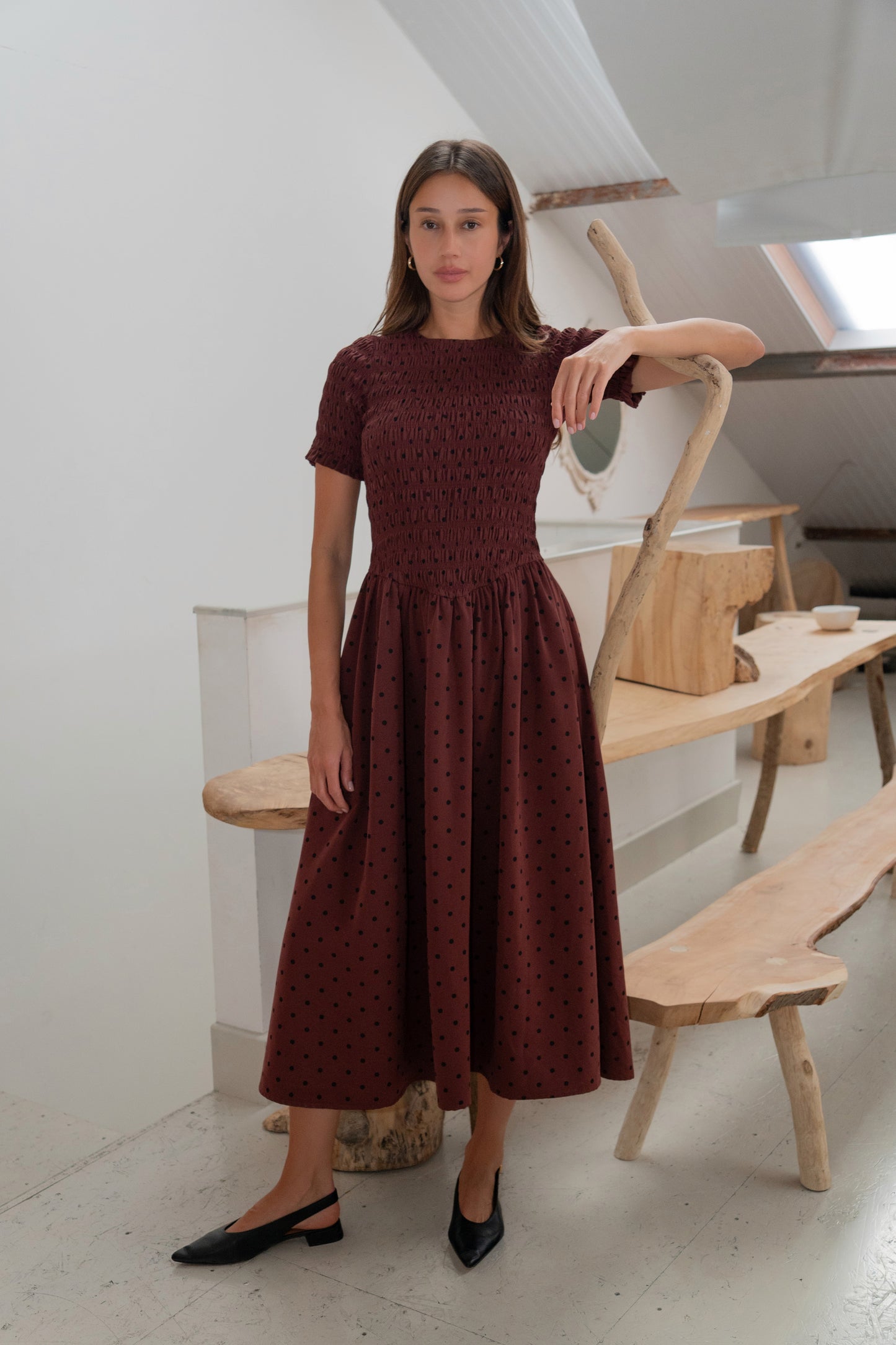 Beatrix Smocked Plum Polka Dot Midi Dress-ALCM301-6