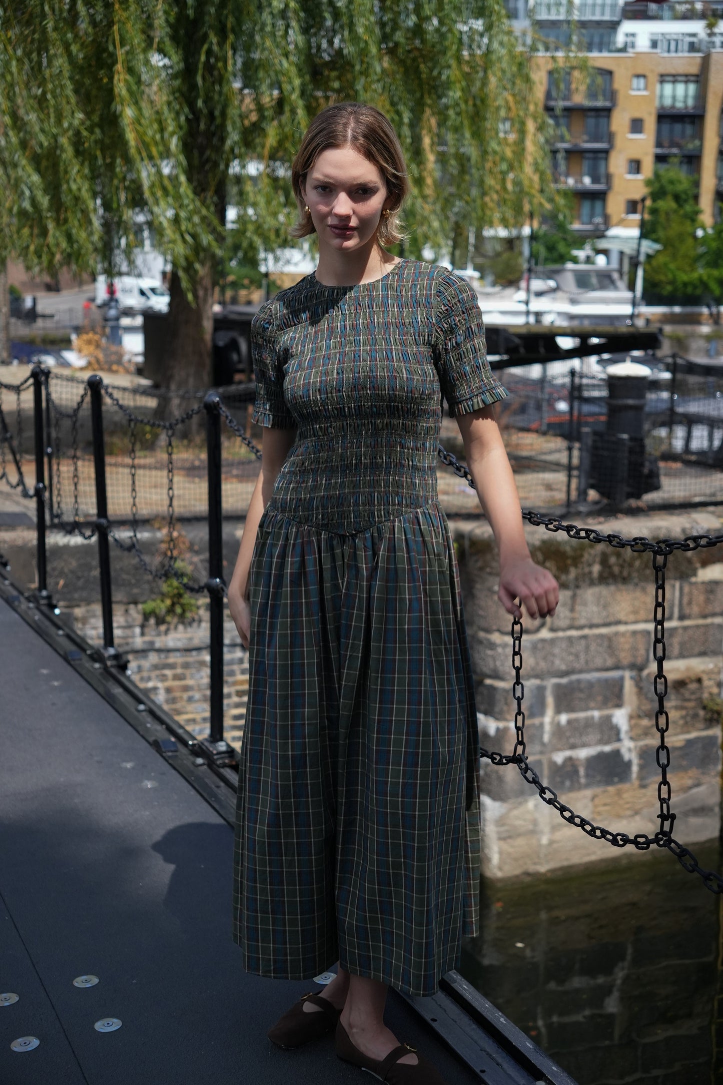 Beatrix Pure Cotton Smocked Green Plaid Midi Dress-ALCM301-1