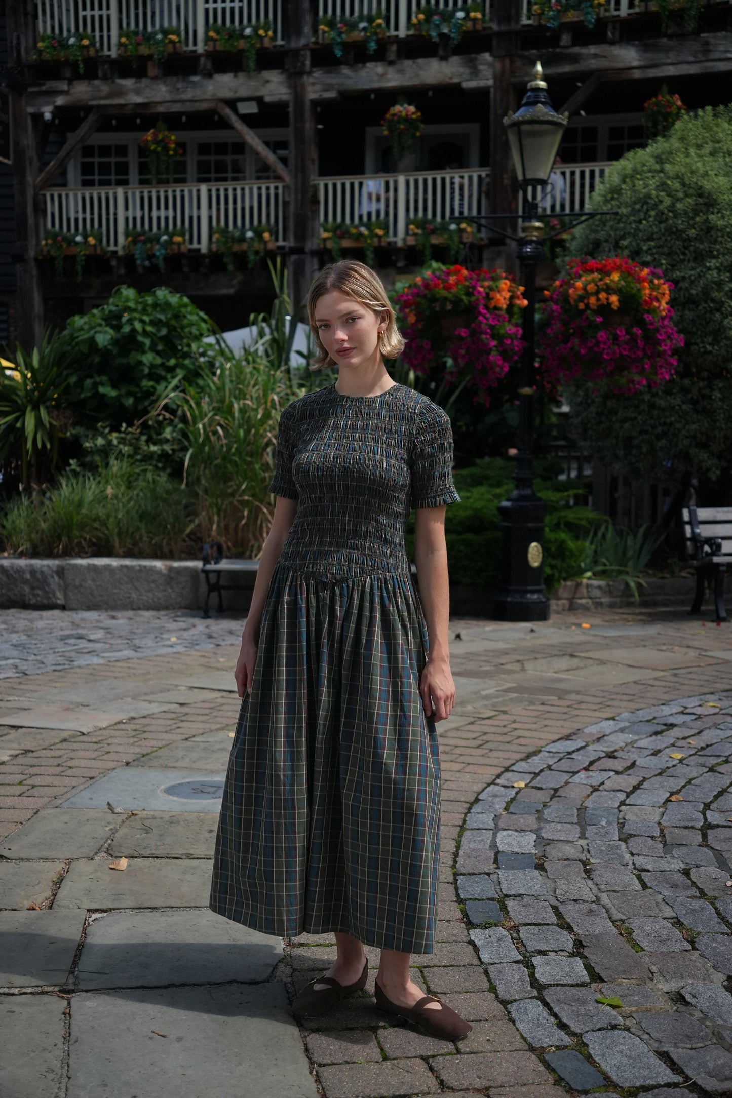 Beatrix Pure Cotton Smocked Green Plaid Midi Dress-ALCM301-1
