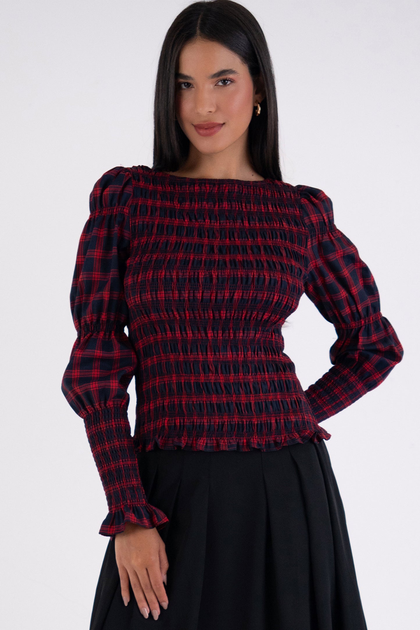 Iris Pure Cotton Red Plaid Smocked Top-ALLW474