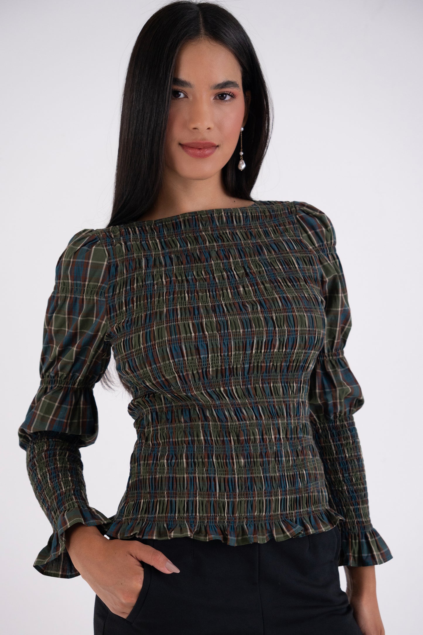 Iris Pure Cotton Green Plaid Smocked Top-ALLW474-2