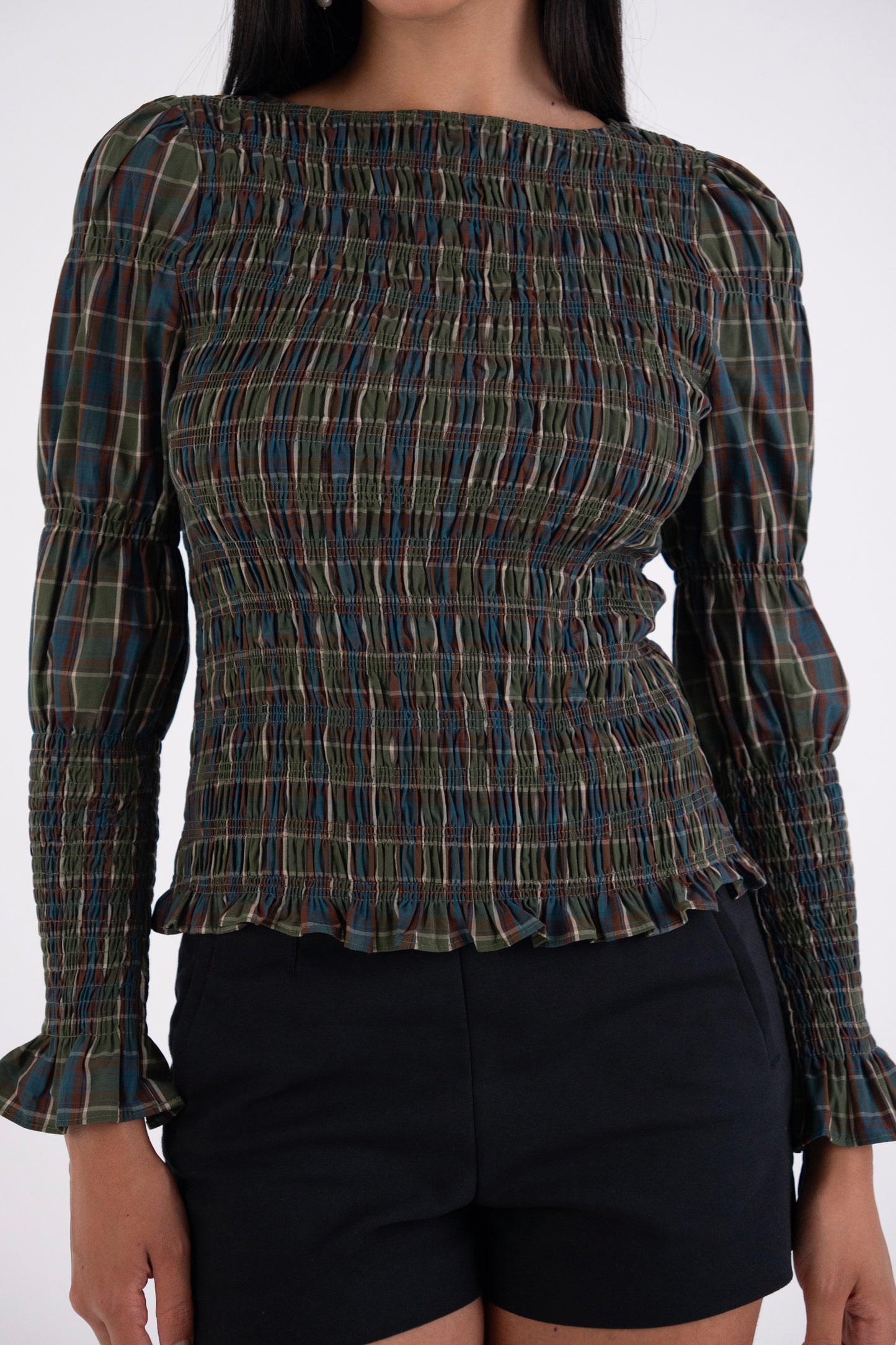 Iris Pure Cotton Green Plaid Smocked Top-ALLW474-2