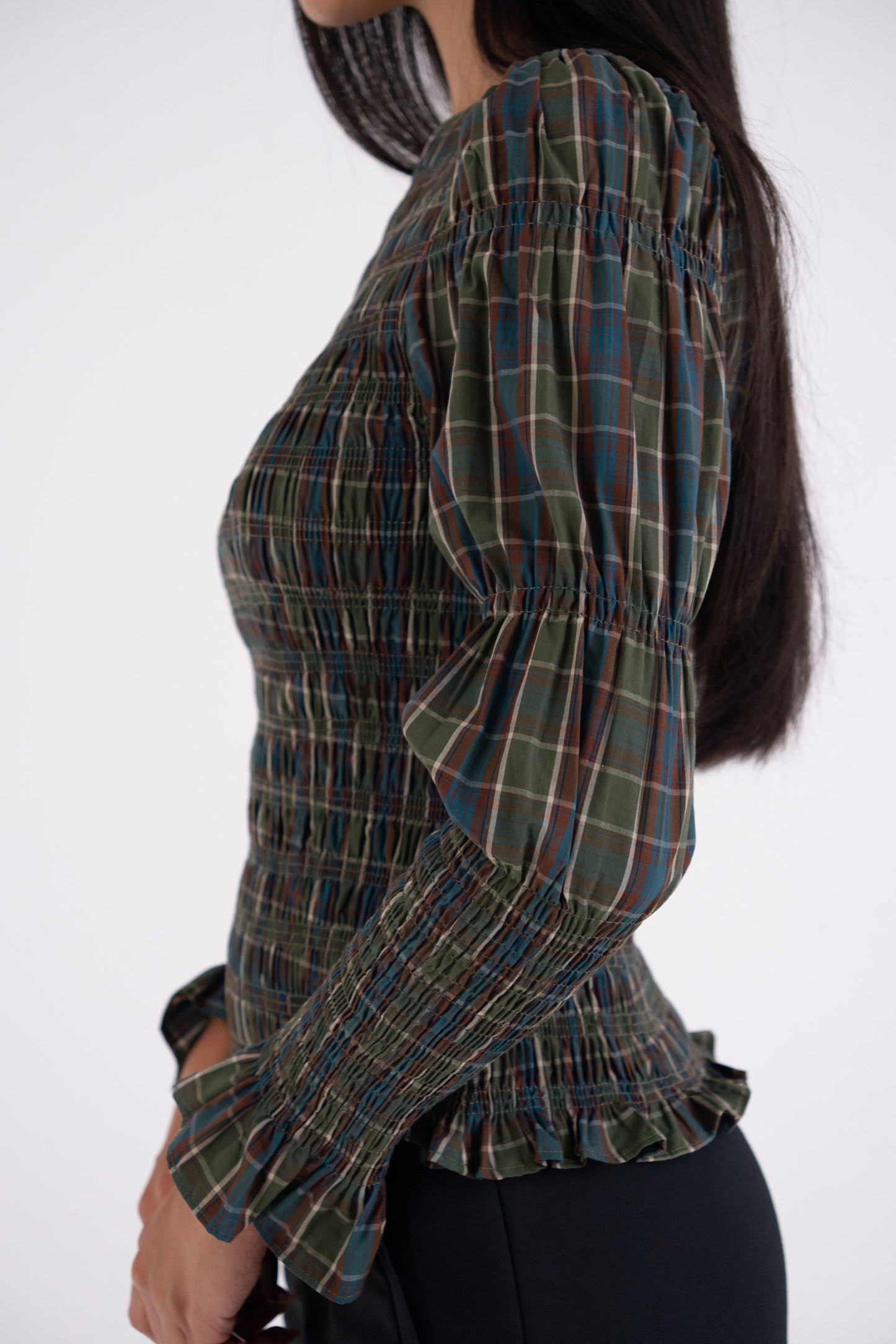 Iris Pure Cotton Green Plaid Smocked Top-ALLW474-2