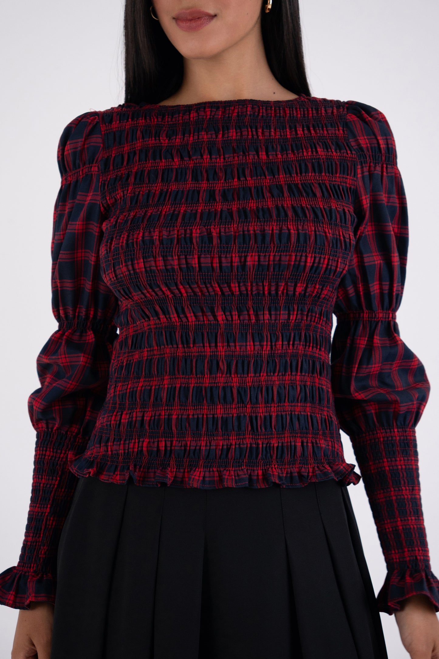 Iris Pure Cotton Red Plaid Smocked Top-ALLW474