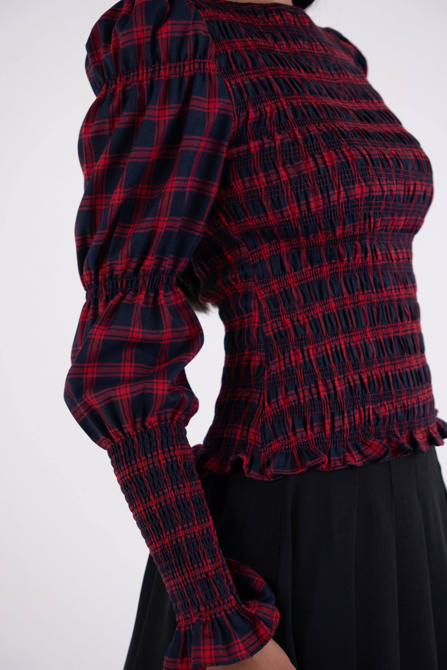 Iris Pure Cotton Red Plaid Smocked Top-ALLW474