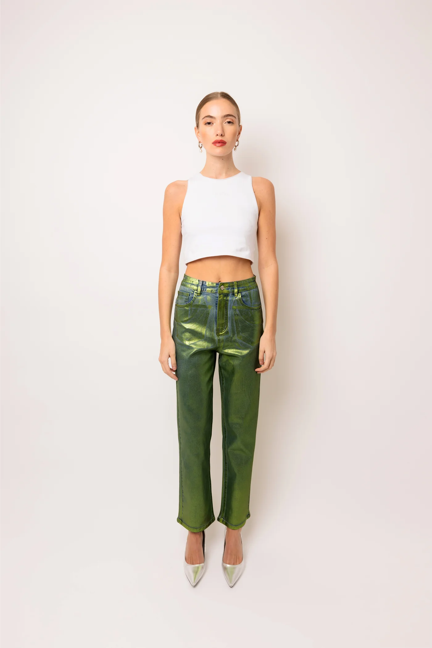 Lupe Green Denim Foil Coated Pants-DB005-11-1