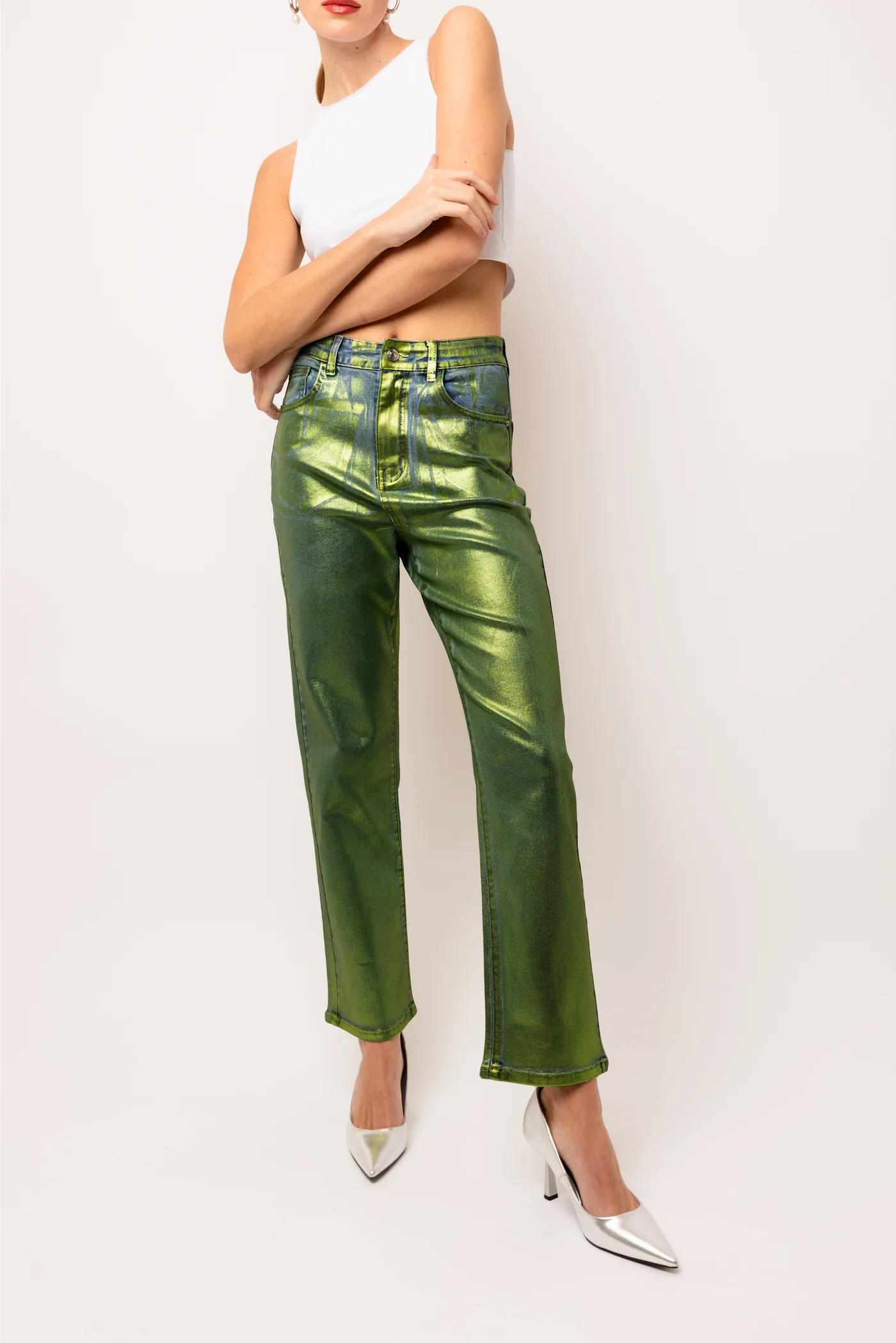 Lupe Green Denim Foil Coated Pants-DB005-11-1